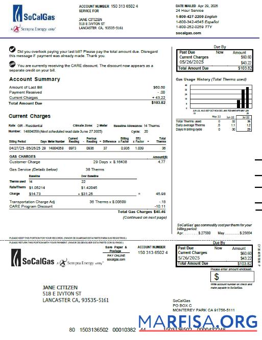 Downloadable USA So Cal Gas utility bill template in Word and PDF formats, version 3